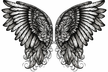 Wings. Sketch of angel wings on white background. Tattoo art. Black and White Illustration for tattoo or t-shirt design, print, poster, banner