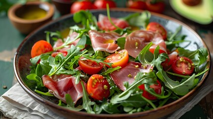 A colorful salad with arugula, cherry tomatoes and slices of prosciutto on top. The plate is placed on an old wooden table with some avocado in the background.