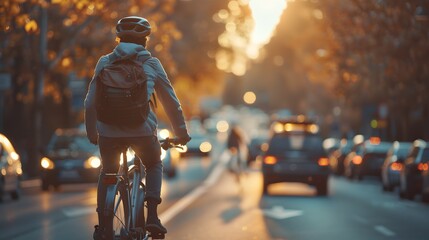 A man riding his bike on the street in city, wearing helmet and backpack, cars passing by. The view is from behind him as he rides along an urban road at sunset.