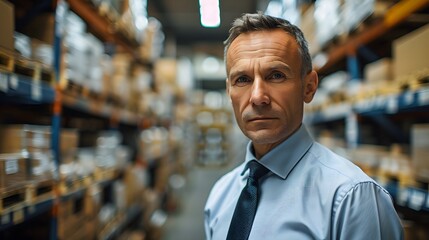 Obraz premium A middle-aged businessman in a shirt and tie stands at the warehouse, looking into the camera.