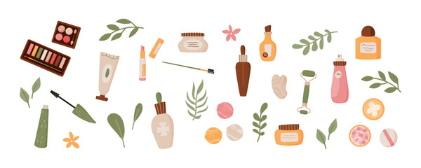 Cartoon moisturizing makeup and face care product set, flat natural make up oil jar, trendy fashion cosmetic pack collection with green plants, colorful organic hair care shampoo bottle.