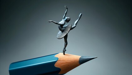 A miniature ballet dancer poised in a pirouette on a blue pencil, sculpted in a dark, metallic finish.