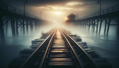 Obraz premium A deserted railway track leading into a misty horizon at dawn.