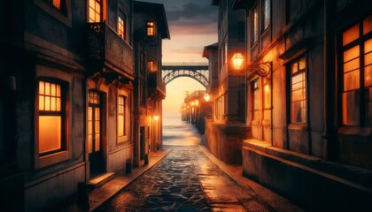 A narrow alleyway in an old European city at dusk, with warm lights shining from the windows. © FantasyLand86