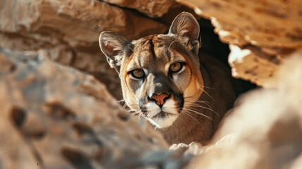 Mountain Lion Peeking from Rocky Hideout in the Wild