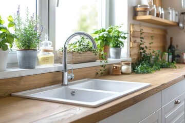 Elegant Kitchen Design: White Furniture, Wooden Counter, Sink by Window, Stylish Modern Touches in New Apartment Interior