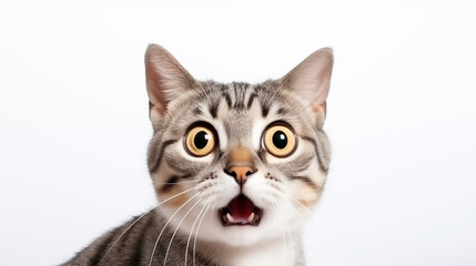 Portrait of funny excited cat face isolated on white background.