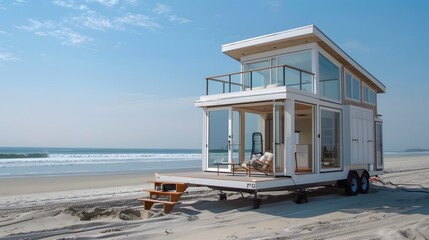 A small modern tiny house on wheels with two story, terrace and roof sitting in the beach sand, the walls of which have vinyl side panels, in white color.