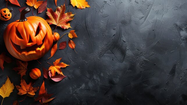 A festive Halloween-themed image featuring a carved pumpkin and scattered autumn leaves against a dark, textured backdrop Perfect for the holiday