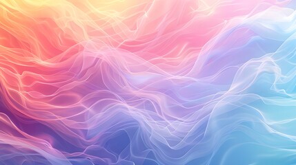 Fototapeta premium A soft pastel rainbow gradient background with swirling wavy lines, creating an ethereal and dreamy atmosphere. The colors range from light pink to sky blue.