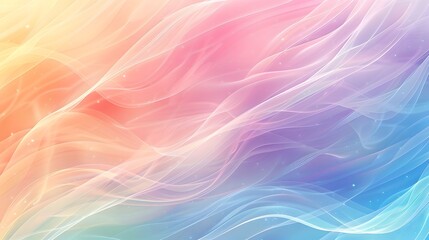 Obraz premium A soft pastel rainbow gradient background with swirling wavy lines, creating an ethereal and dreamy atmosphere. The colors range from light pink to sky blue.