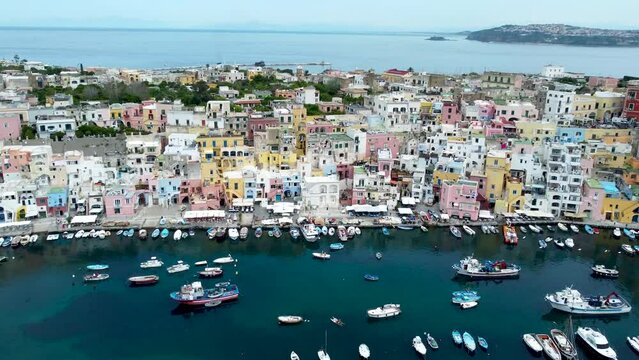 4K aerial footage of Marina Corricella on the island of Procida, Italy