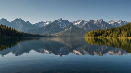 Fototapeta premium A grand mountain range towering over a tranquil lake.generative.ai 