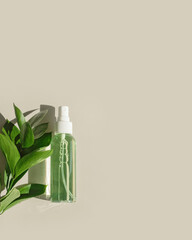 Transparent Cosmetic spray bottle and green leaf, natural light and shadow, dispenser with green...