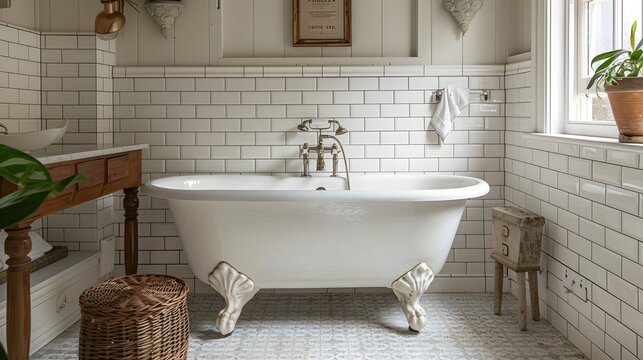 A vintage clawfoot tub set against white tiles with grey patterns, surrounded in the style of classic decor and accessories in an elegant bathroom.