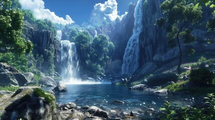 Naklejka premium Large cascading waterfall next to a rocky basin