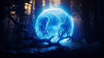 Mystical Glowing Sphere Illuminates a Dark Enchanted Forest
