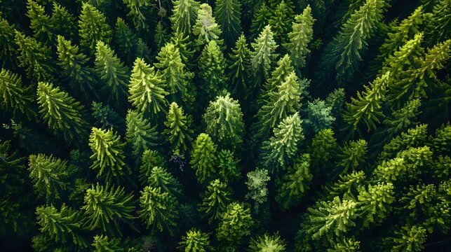 Aerial view of a forest, with tall trees in the foreground and background, seen from above. The scene is bathed in soft natural light.