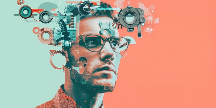 The image shows a man wearing glasses with a bunch of gears and cogs around his head. The man is looking at the camera with a serious expression on his face. The image is set against a blue and orange
