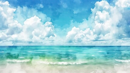 Fototapeta premium A watercolor-style illustration of a serene tropical beach with a clear blue sky and calm ocean waters