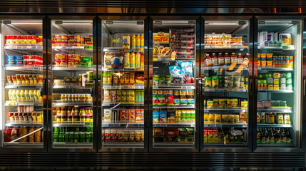Obraz premium Freezer Shelves Stocked with Frozen Meat and Packed Lunch Boxes