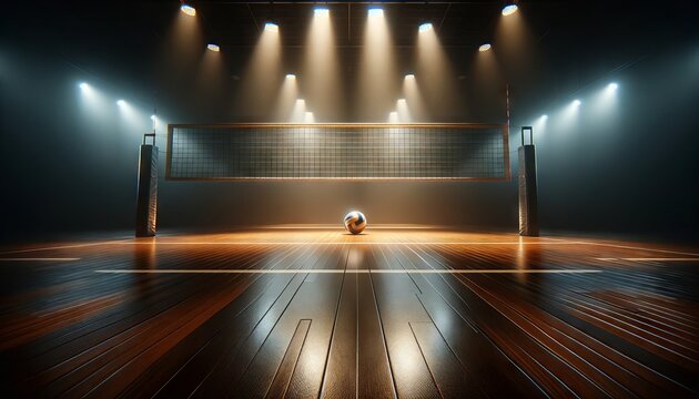 Empty indoor volleyball court with dramatic lighting in a sports hall