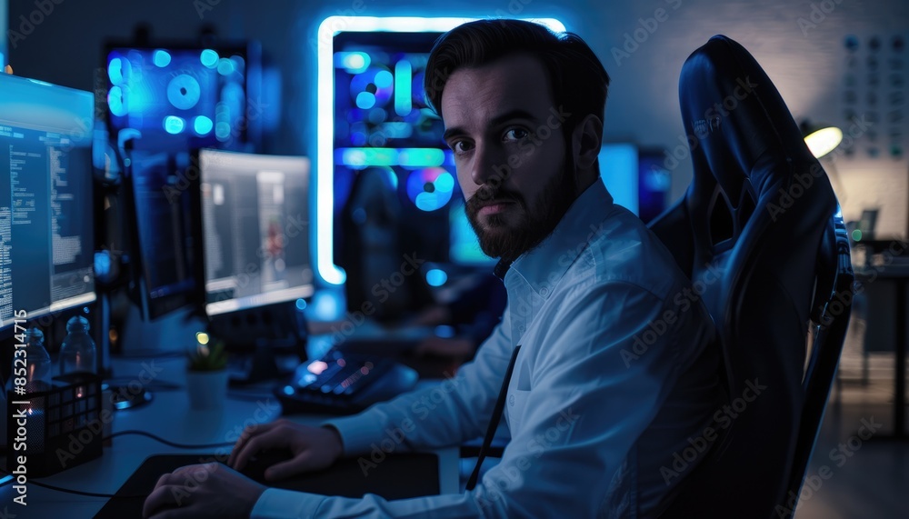Poster being a software developer involves working on multiple monitors with a focus in a modern office env