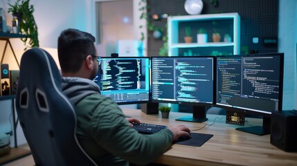 Tech enthusiast coding at midnight with multiple monitors displaying code for remote work concept