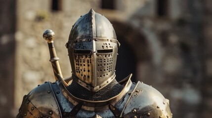 Fototapeta premium A close-up shot of a knight in full medieval armor including a helmet with a visor, standing heroically