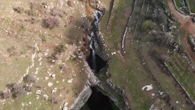 Drone shots of Balou Balaa waterfall above the Lebanese mountains.