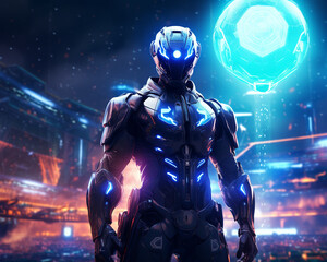 Naklejka premium Futuristic soccer match, robot player caught offside, neon-lit stadium, cyberpunk, vibrant colors, digital art, dynamic action