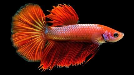 Fototapeta premium A Siamese fighting fish, also known as a betta fish, displays its brilliant colors and flowing fins against a dark backdrop