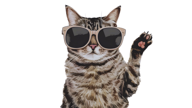 Friendly Feline: Tabby Cat Waves with a Paw, Cat in Shades: A Cool and Quirky Photo, Sunglasses-Wearing Cat: A Fun and Friendly Image, isolated transparent background. 