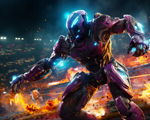 Robot soccer match, player caught offside, neon-lit stadium, futuristic, vibrant tones, digital art, detailed and action-packed