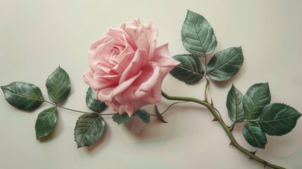 A single pink rose accompanied by foliage