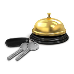 Mock Up. Two silver keys with a black keychain from the hotel room and hotel service bell gold color. Vector illustration isolated on white background.