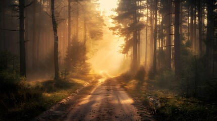 Obraz premium Sunrise Through the Trees on a Misty Forest Path