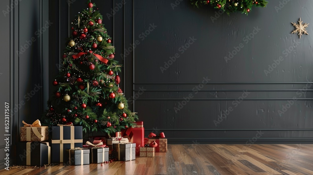 Sticker Christmas tree with presents and wooden furniture by a dark wall Design banner