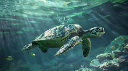 Obraz premium 3D rendered image of a green sea turtle swimming in ocean waters