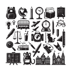 Back to School black glyph cartoon set. Learning school flat icon silhouette collection. First day school equipment, Education concept icon kit. Scissors, laptop, glasses book backpack, paints vector