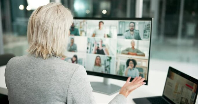 Mature woman, office and computer screen for video call in conference or online meeting and teamwork. Business person, boss and conversation in virtual seminar or webinar at workplace with feedback