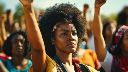 African American women at a rally in defense of their rights and freedom with their fists raised in the air. Day of Freedom, Emancipation, Equality and Liberation.