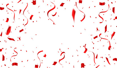 Red confetti and ribbons. Celebration background template. Blue confetti background that is falling on a transparent background.