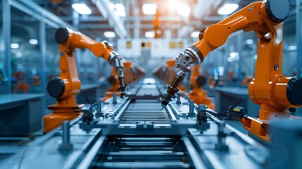 Naklejka premium Automated robotic assembly platform performing precision operations in advanced industrial facility.