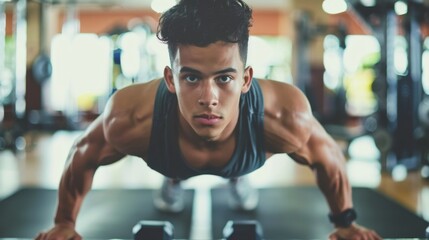 Athletic male performing push-ups in modern gym facility