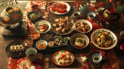 Authentic Japanese cuisine arranged on an elegant dining surface