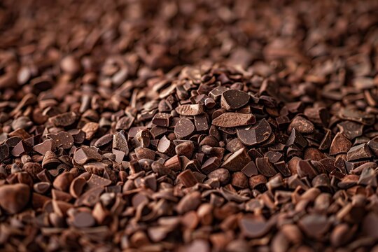 Close-Up of Assorted Chocolate Pieces in Various Shapes and Sizes Creating a Rich, Textured Background Perfect for Confectionery, Dessert, and Food-Themed Projects