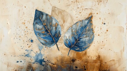 Blue leaves painting with abstract brown and white background, paint splash.