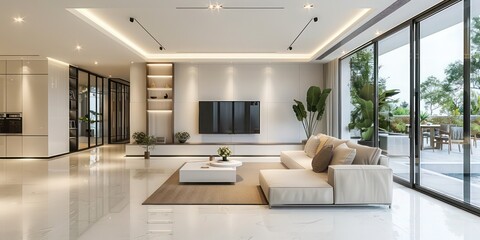 Luxurious modern living room panorama: White sofa and TV unit in spacious setting with luxury interior design
