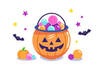 ハロウィンのお菓子が入ったカボチャのバケツのイラスト